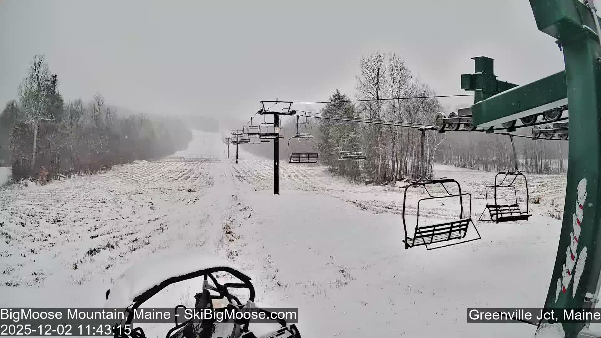 Empty chairlifts ascend a snow-covered ski slope lined with bare trees, under a heavily overcast sky with visible snowfall.