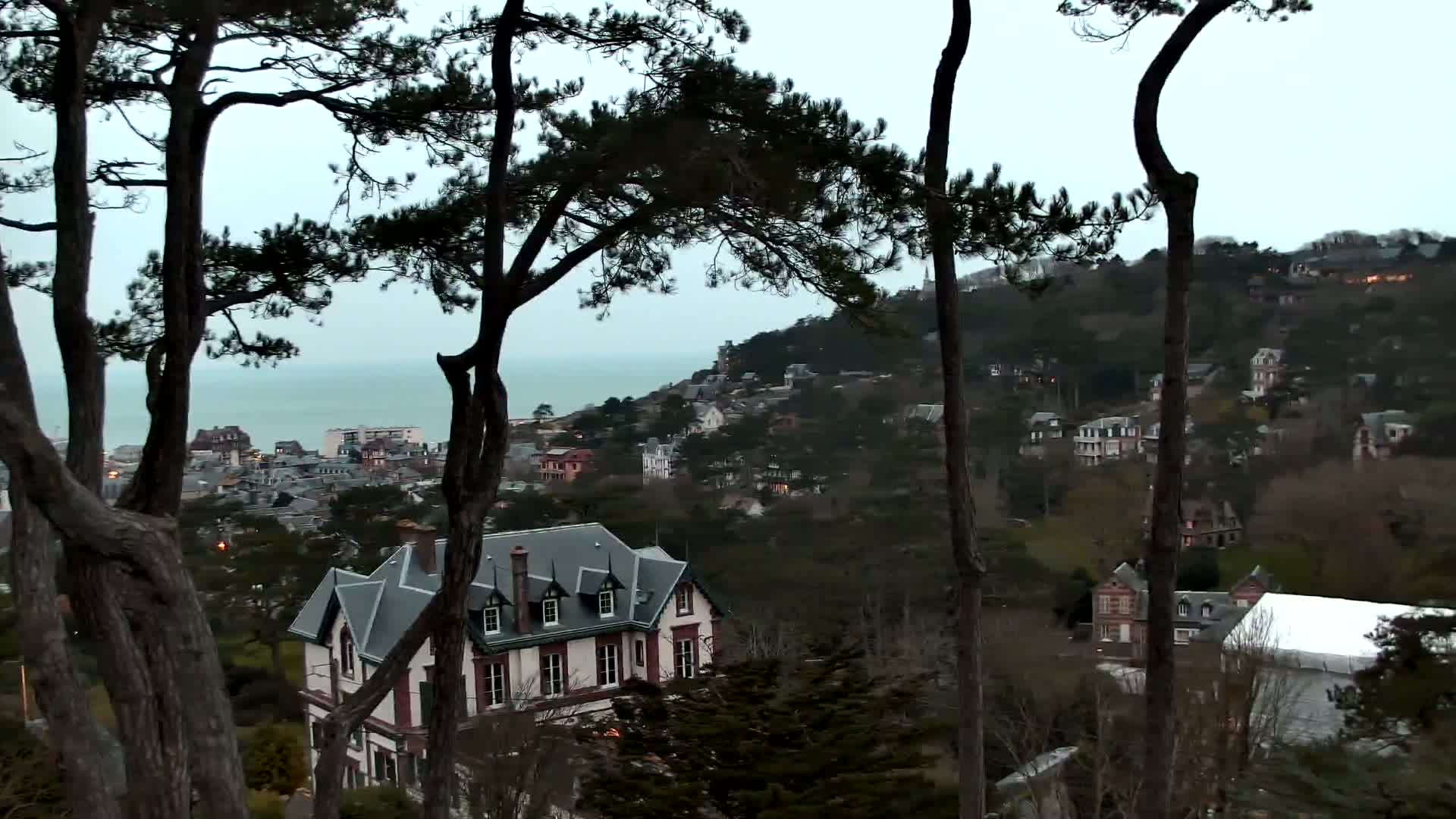 A large house with a gray roof is visible through dark pine trees overlooking a town nestled on a hillside next to a calm ocean under an overcast sky.