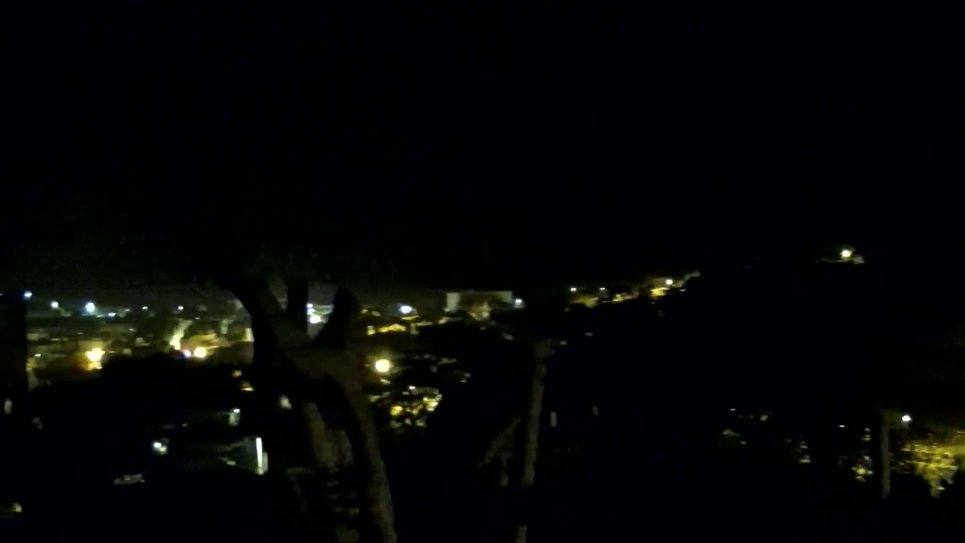 A nighttime view from an elevated position shows a dimly lit town spread out below, partially obscured by dark trees in the foreground.