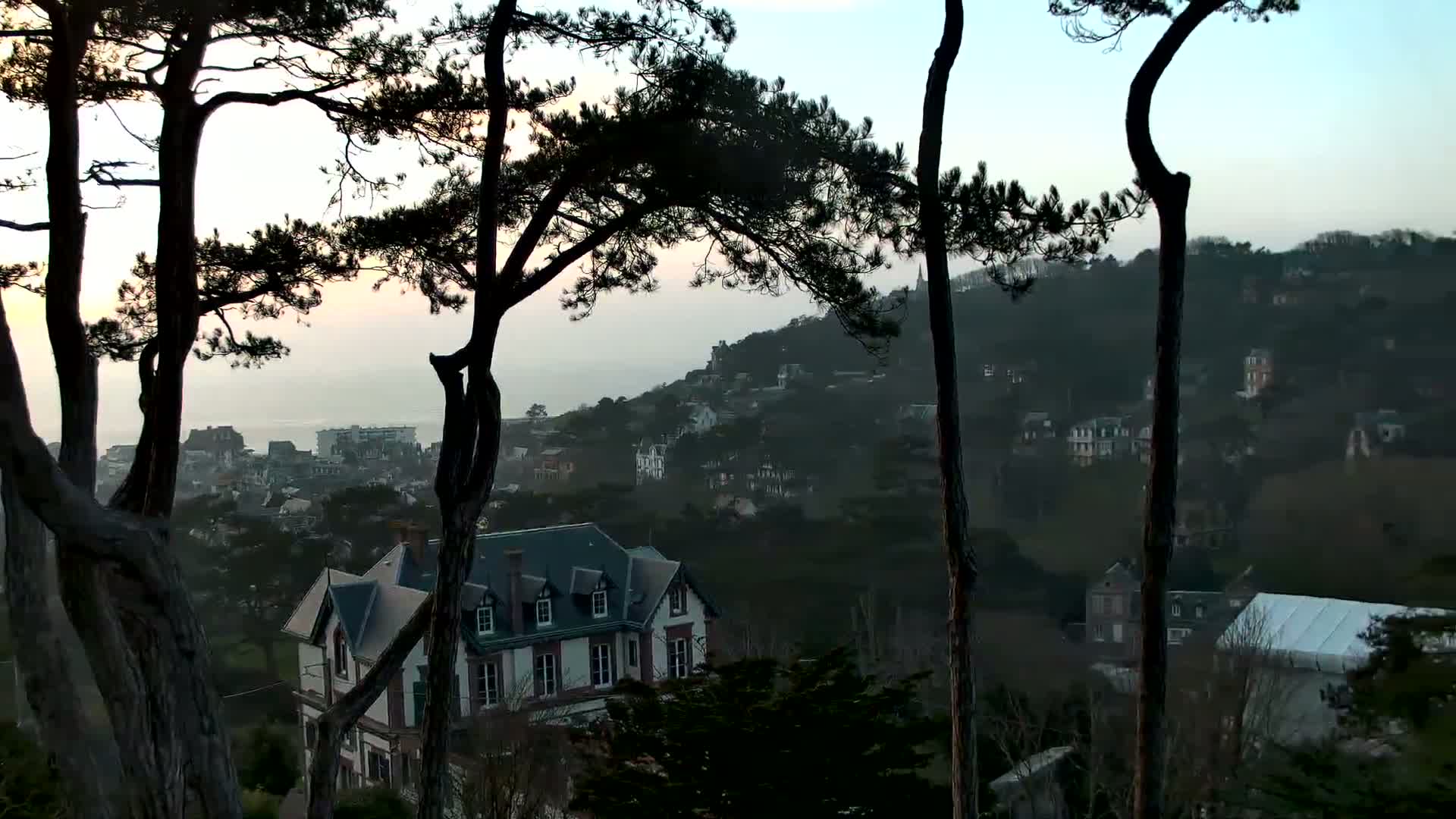 Silhouetted pine trees frame a view of a coastal town nestled on a hillside at dusk, with a large house prominently featured in the foreground.