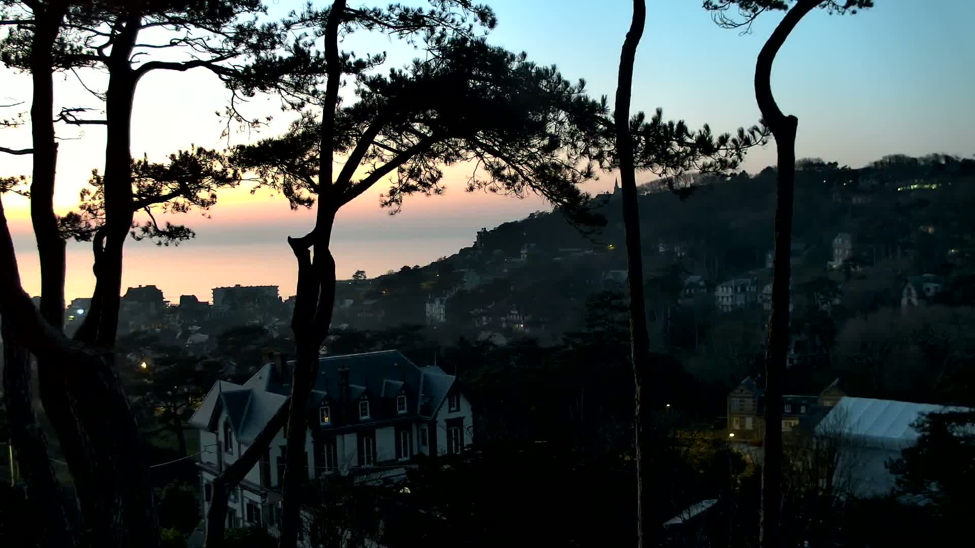 Silhouetted trees frame a coastal town at sunset, with a calm ocean visible in the distance.