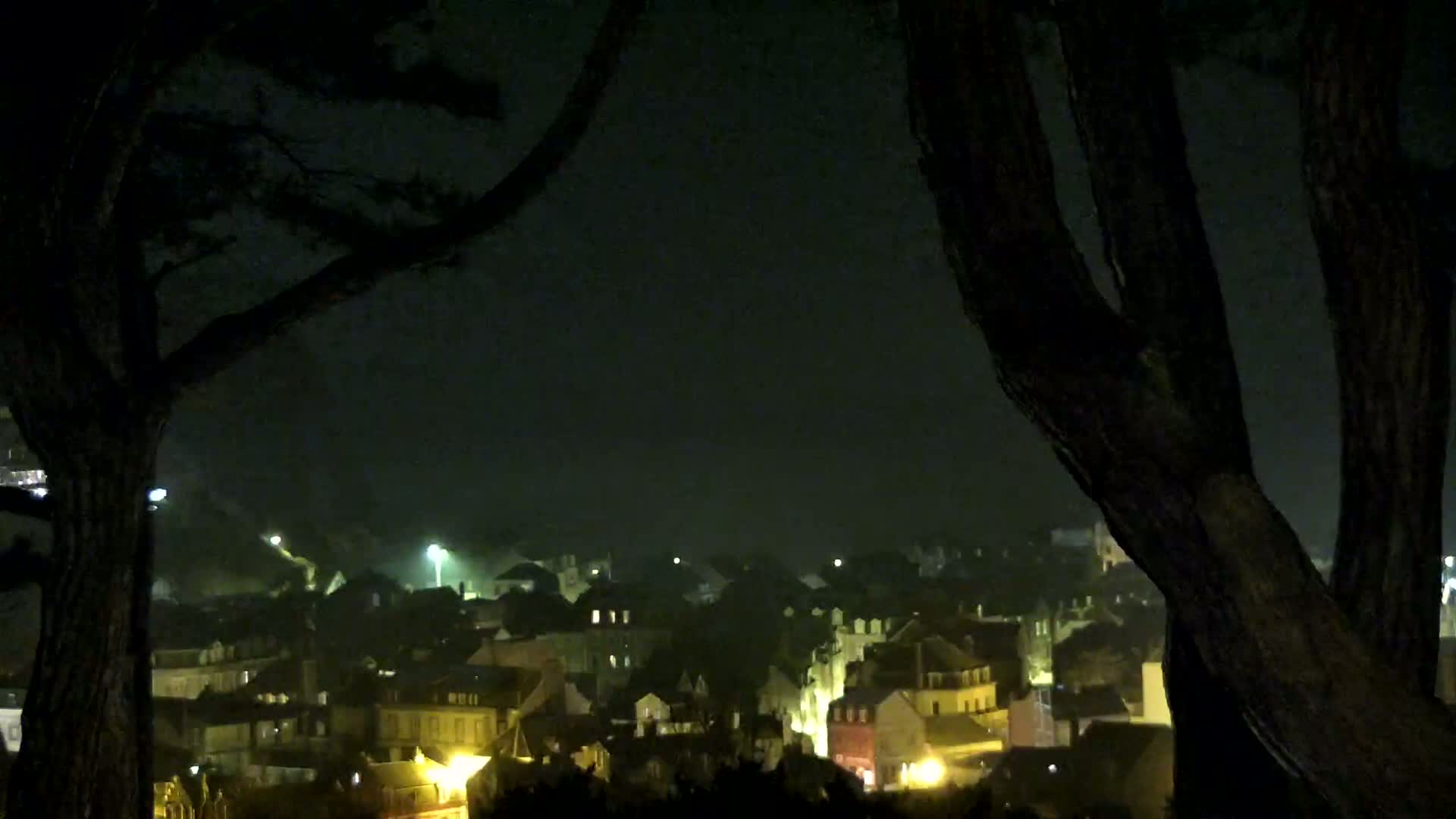 A nighttime view of a town, dimly lit, seen through the branches of dark trees, under a hazy sky.