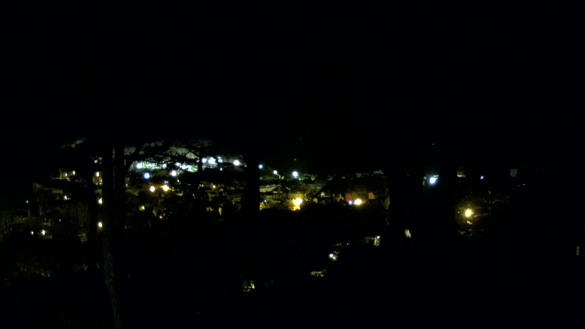 A nighttime view shows a cluster of dimly lit buildings and trees under a dark sky.