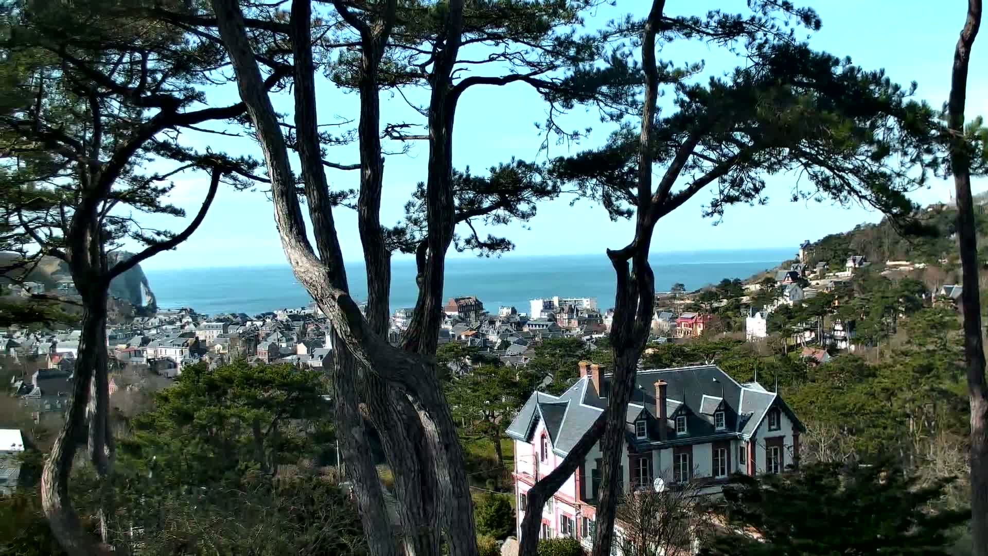 A large house with a gray roof is seen through the branches of several tall pine trees overlooking a coastal town and ocean on a clear, sunny day.