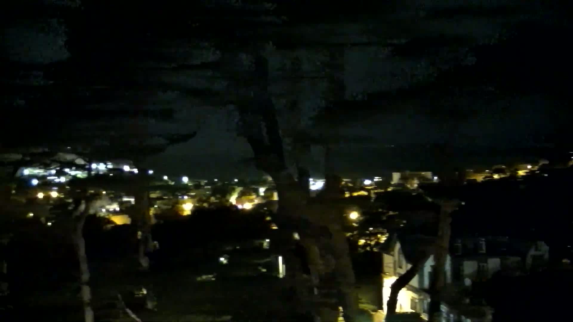 A nighttime view shows a town's illuminated buildings and streets below, partially obscured by dark trees in the foreground under a cloudy sky.
