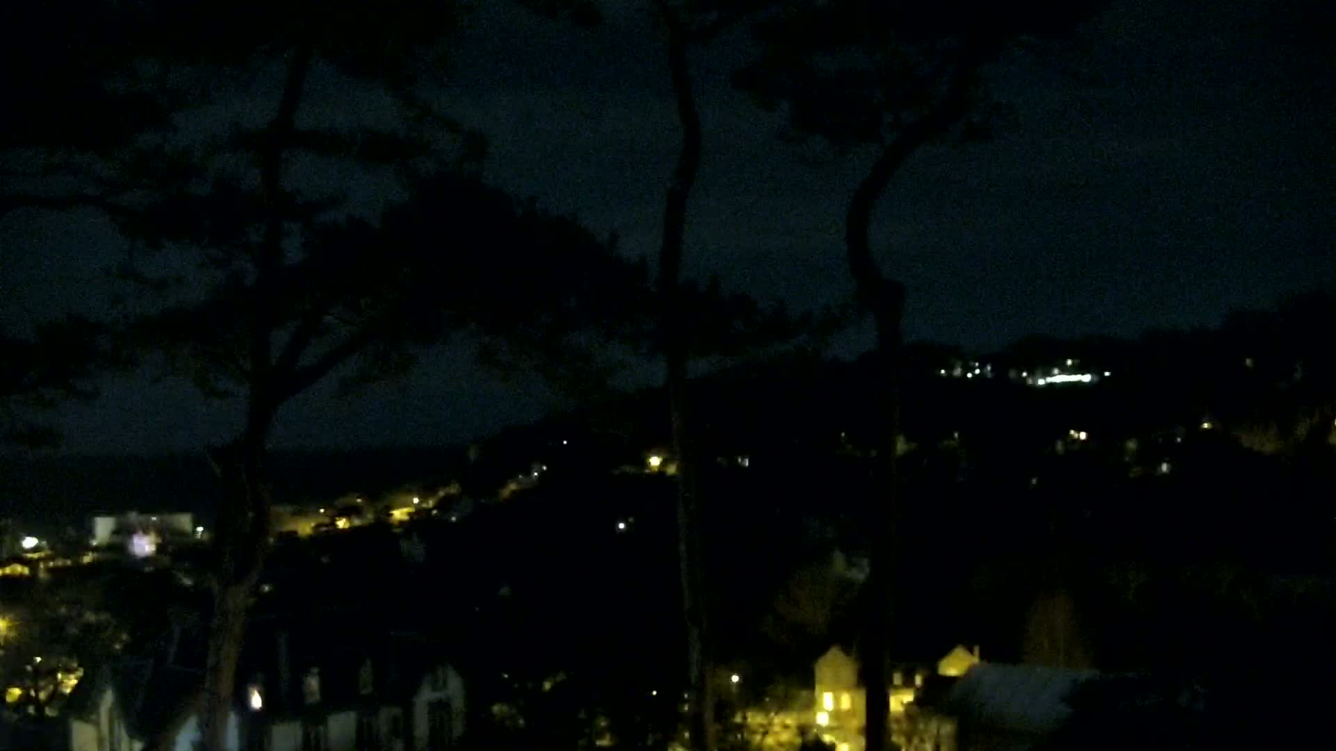 A nighttime view of a hillside town, sparsely lit with yellowish lights, seen from behind silhouetted trees under a dark sky.