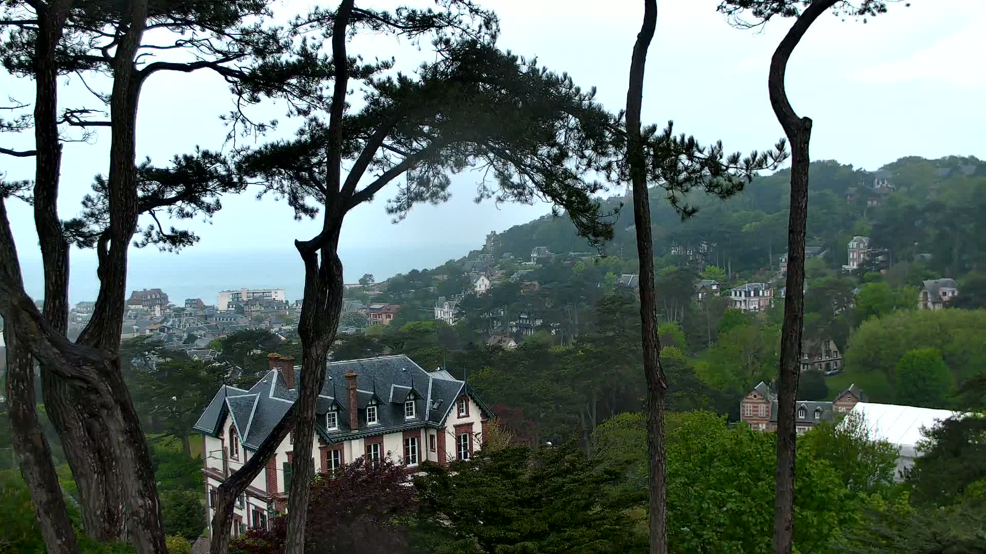 A large house with a dark gray roof is partially visible through the branches of several tall, dark trees, overlooking a hillside town with ocean in the distance on an overcast day.