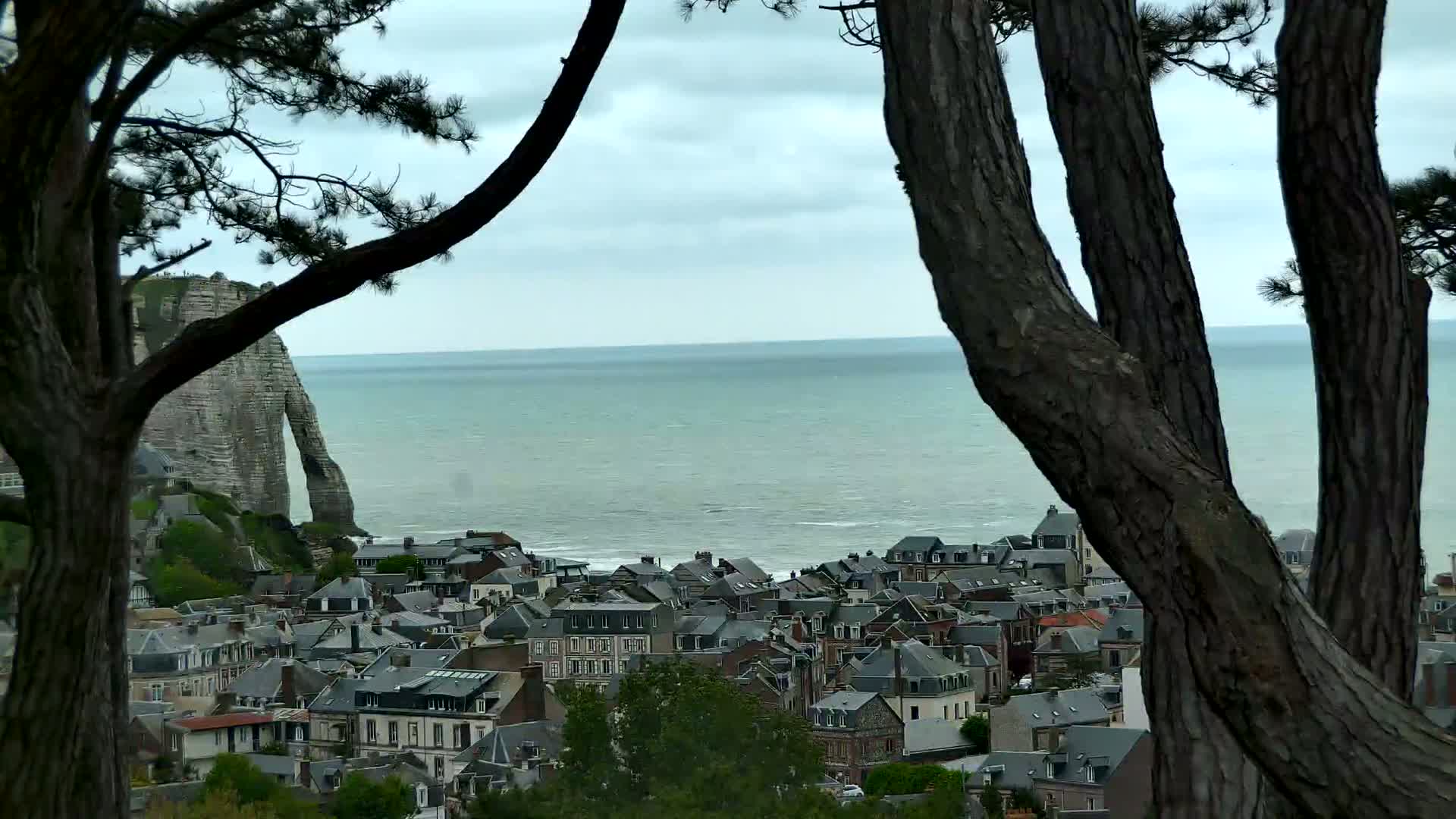 A coastal town with grey-roofed buildings sits beneath a dramatic white cliff, partially obscured by tree trunks, all overlooking a calm, grey-blue sea under a cloudy sky.