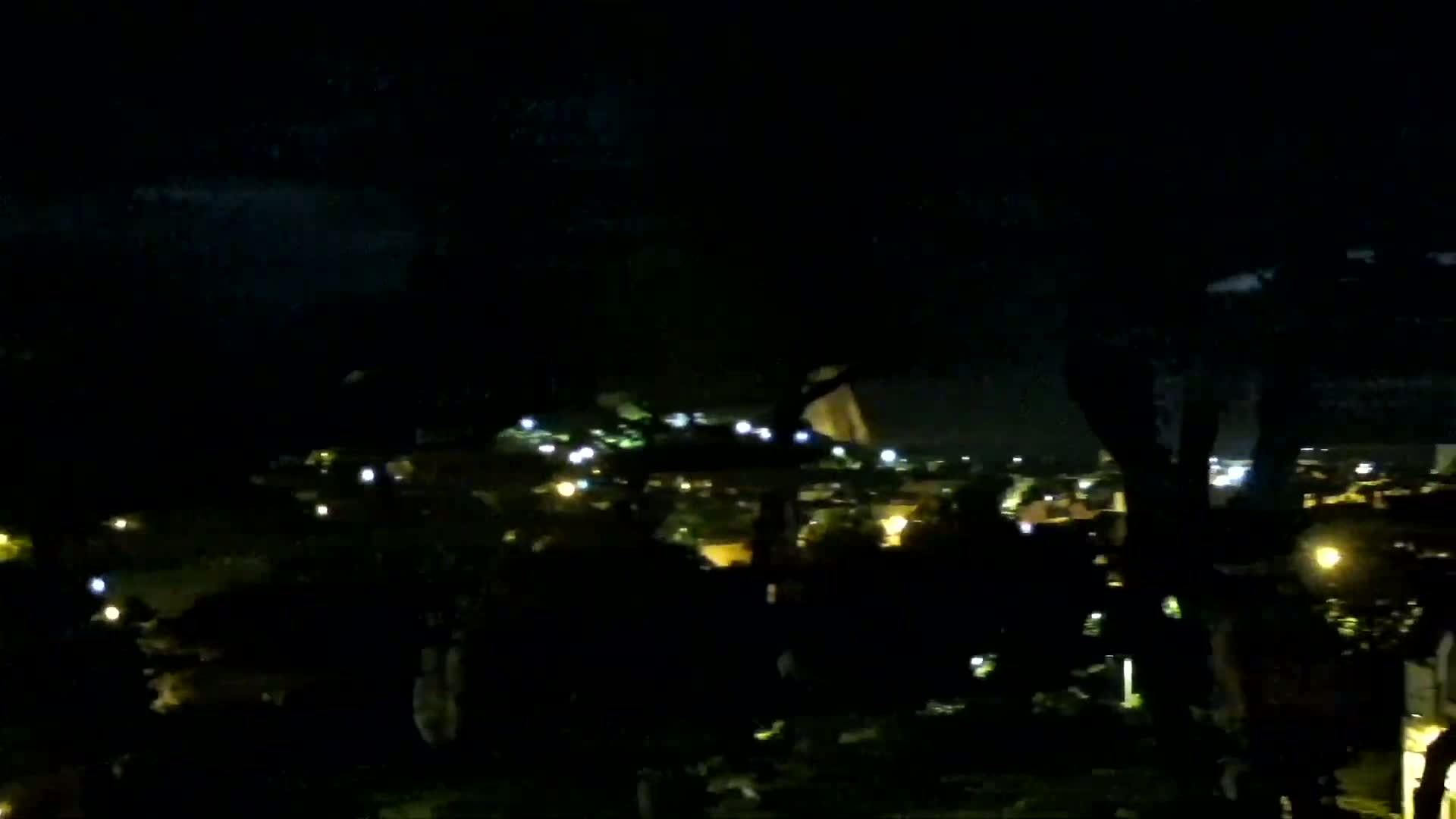 A nighttime view of a dimly lit town nestled among dark trees under a mostly cloudy sky.