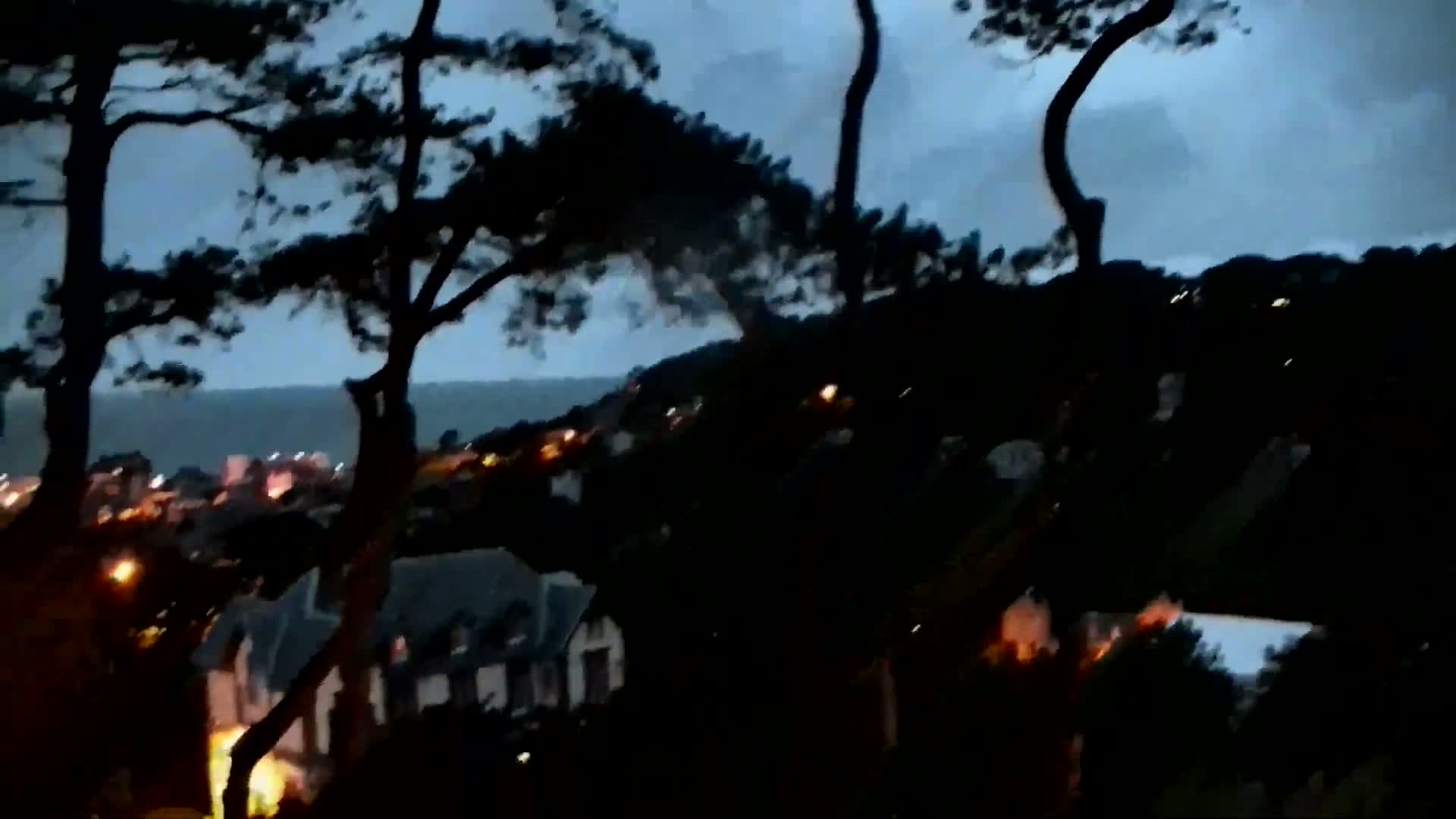 Silhouetted trees sway in the wind against a dark, stormy sky overlooking a dimly lit coastal town.