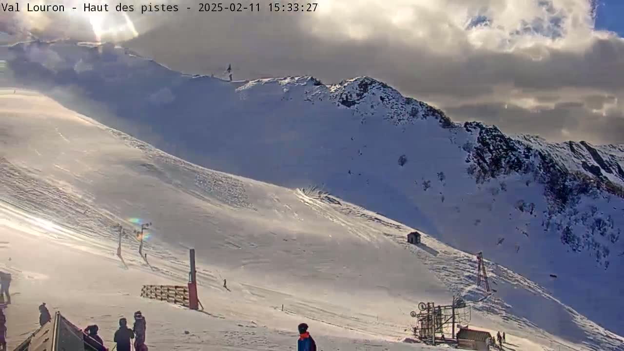 A snowy mountain slope with several skiers and snowboarders visible under a partly cloudy sky.