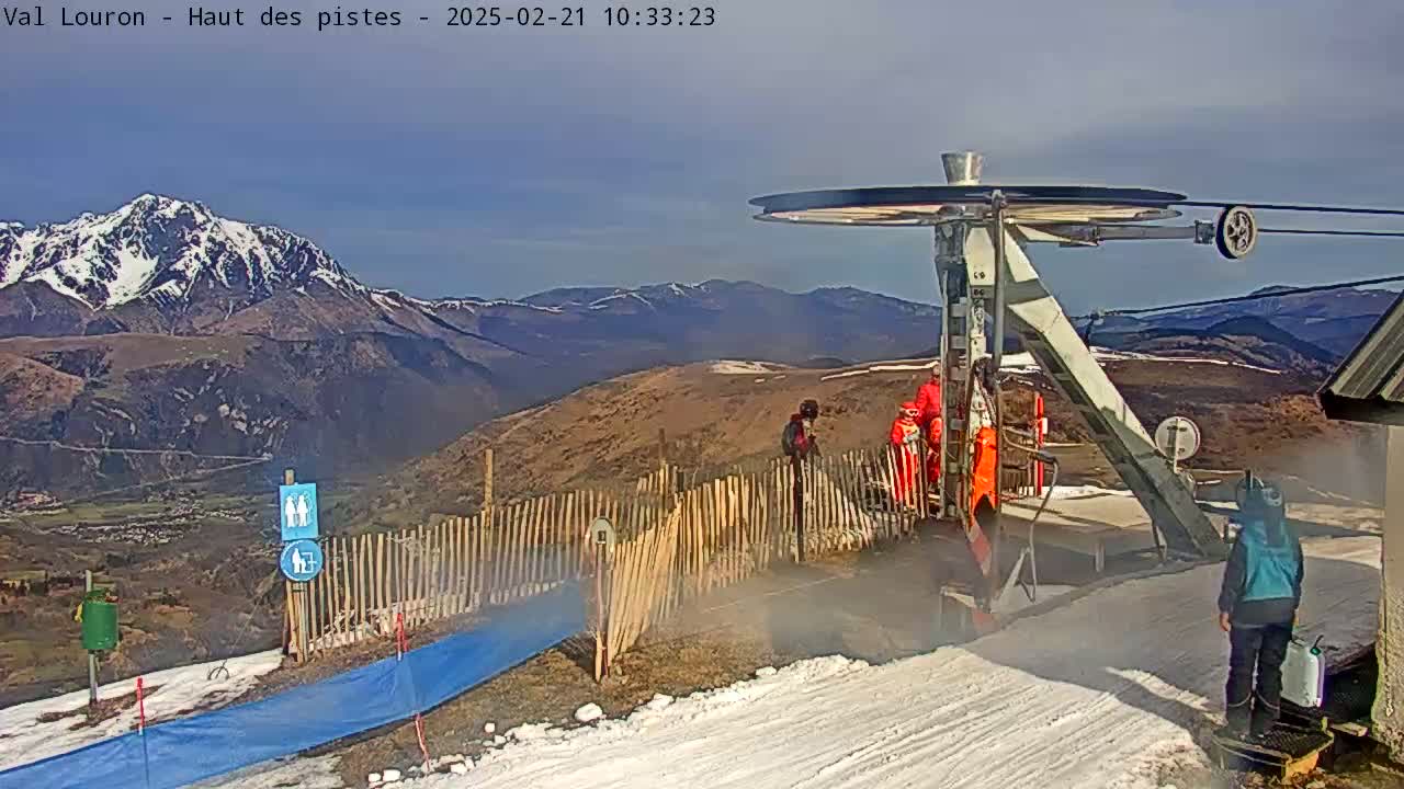 A ski lift station with several people near it, on a sunny day with snow on the ground and mountains in the background.