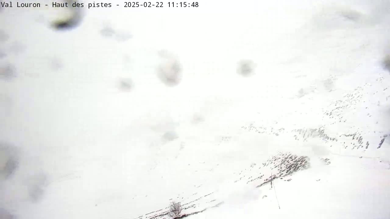 A snowy, overcast landscape is visible, with light snowfall.
