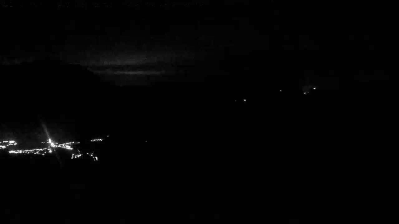 A nighttime, long shot shows a dark landscape with small clusters of lights, possibly a town or village, nestled in the darkness of hills.