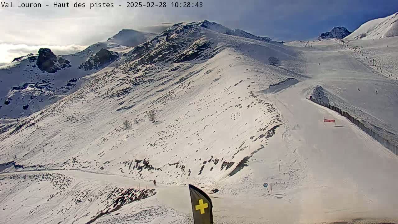 A snow-covered mountain slope with ski runs, under a mostly sunny sky.