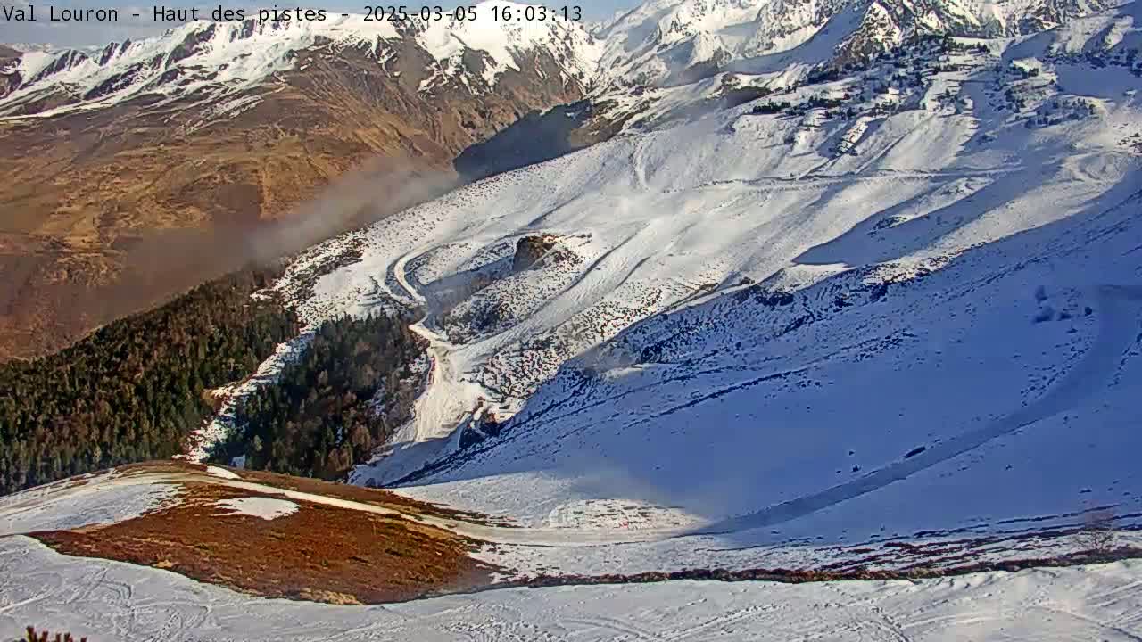 A sunny, snow-covered mountain slope shows ski runs and a winding road leading down to a forested valley.
