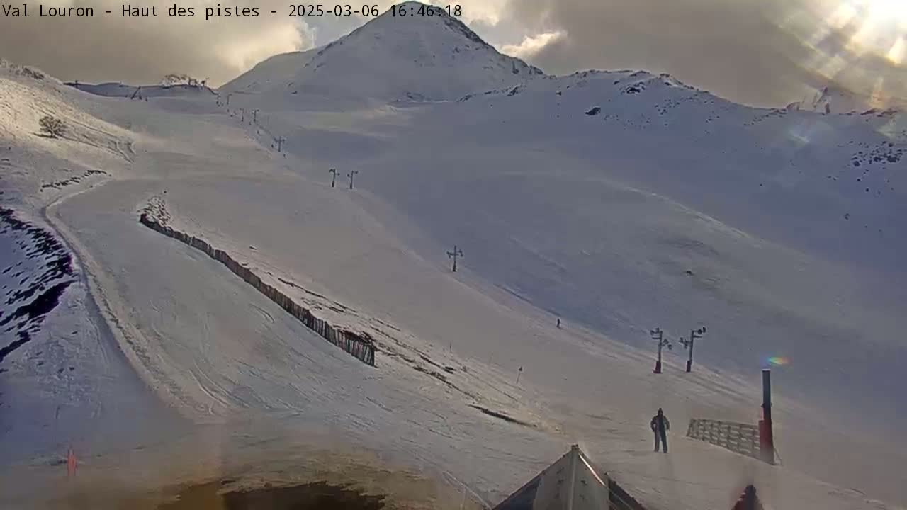 A snow-covered ski slope with several ski lifts and a few people visible under partly cloudy skies.