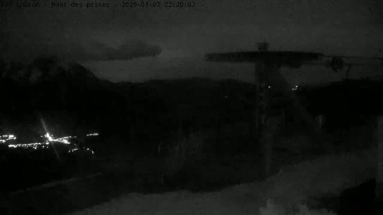A nighttime, low-light view shows a dark landscape with a distant town illuminated, a dark structure in the foreground, and a cloudy sky.