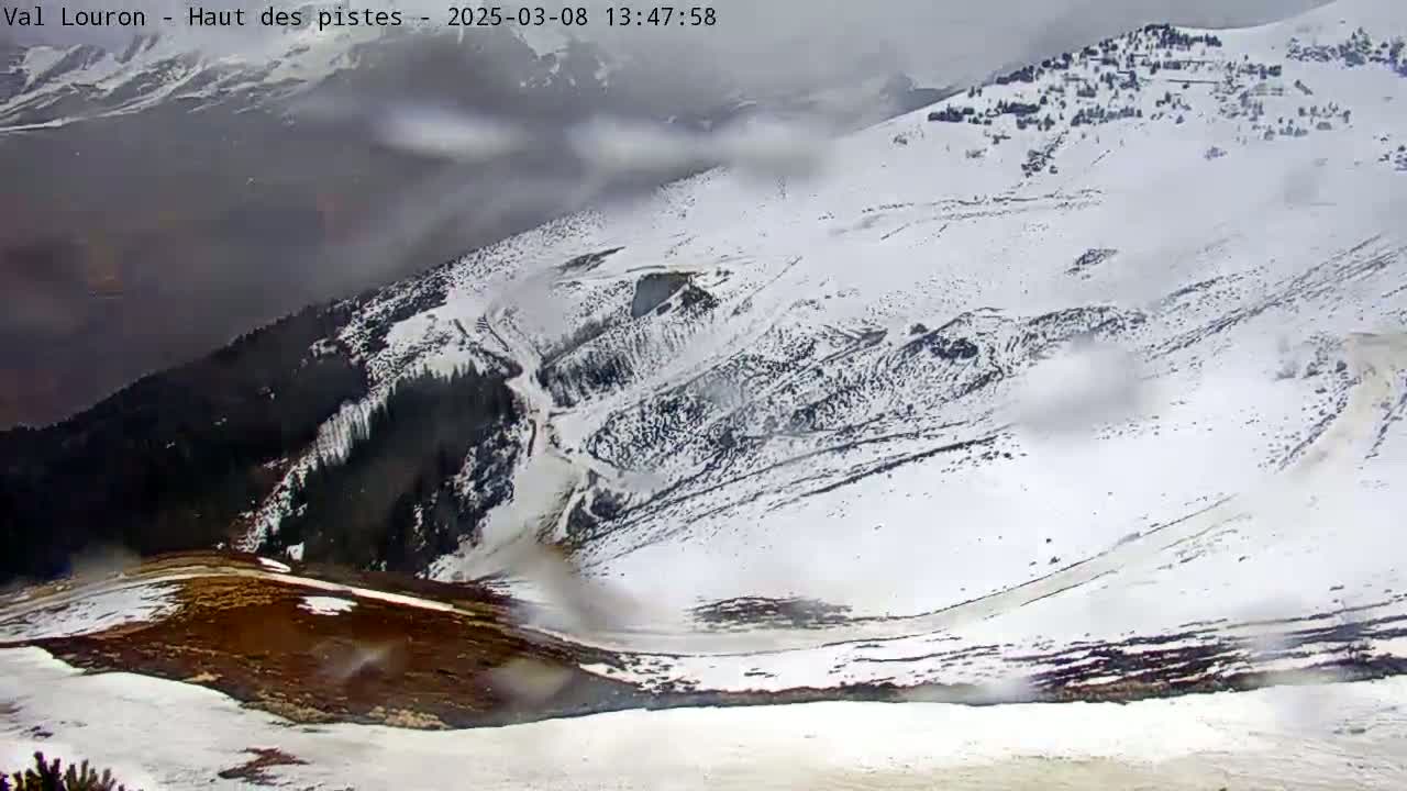 A snow-covered mountain slope is visible, with some areas showing patches of brown earth and a road or track winding through it, during overcast conditions.