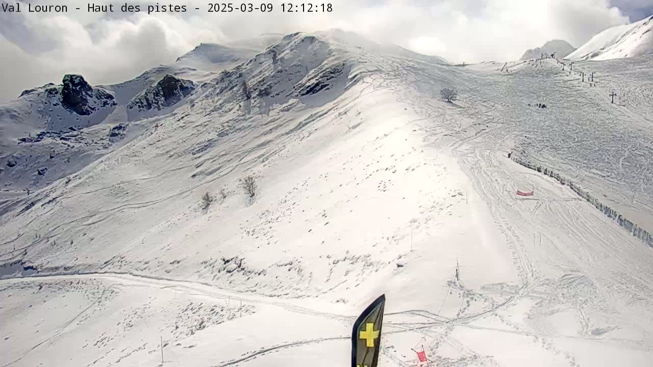 A snow-covered mountain slope with ski tracks and a few skiers visible under partly cloudy skies.