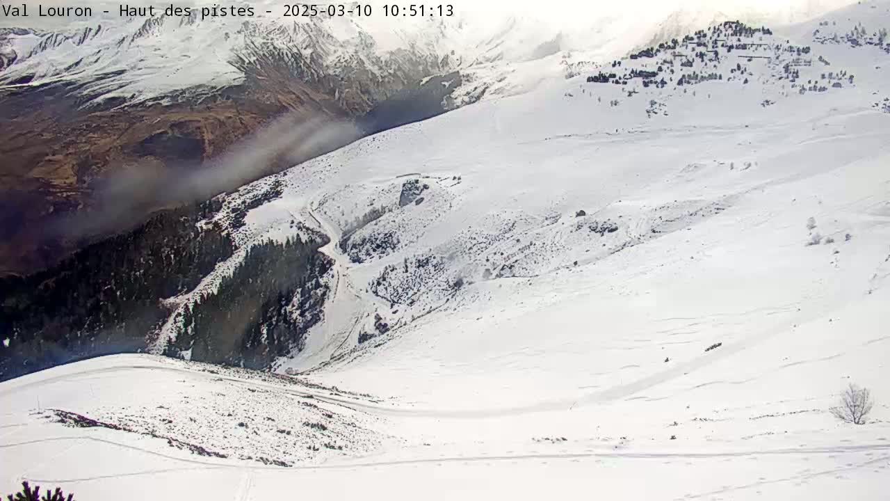 A high-angle, long shot of a snow-covered mountain slope with a few trees and some dark, shadowed areas, under partly cloudy conditions.