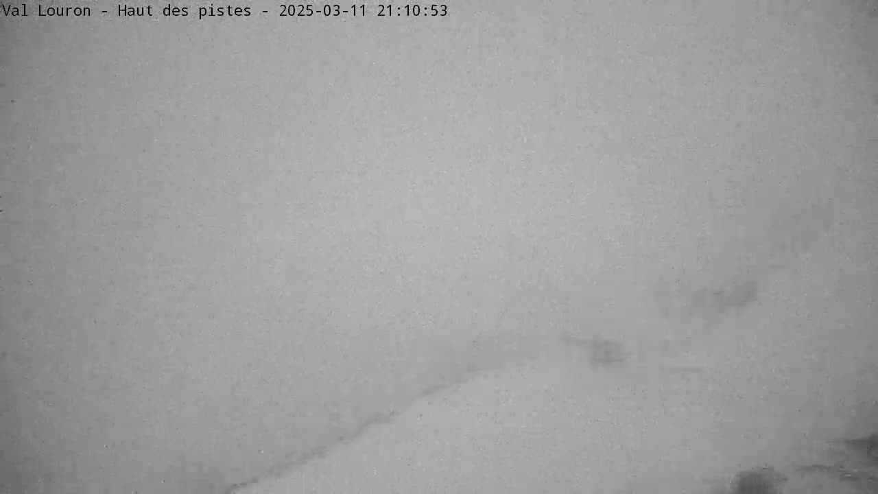 A low-visibility, snowy scene is shown, with a slightly darker area suggesting a slope or terrain feature in the lower right.