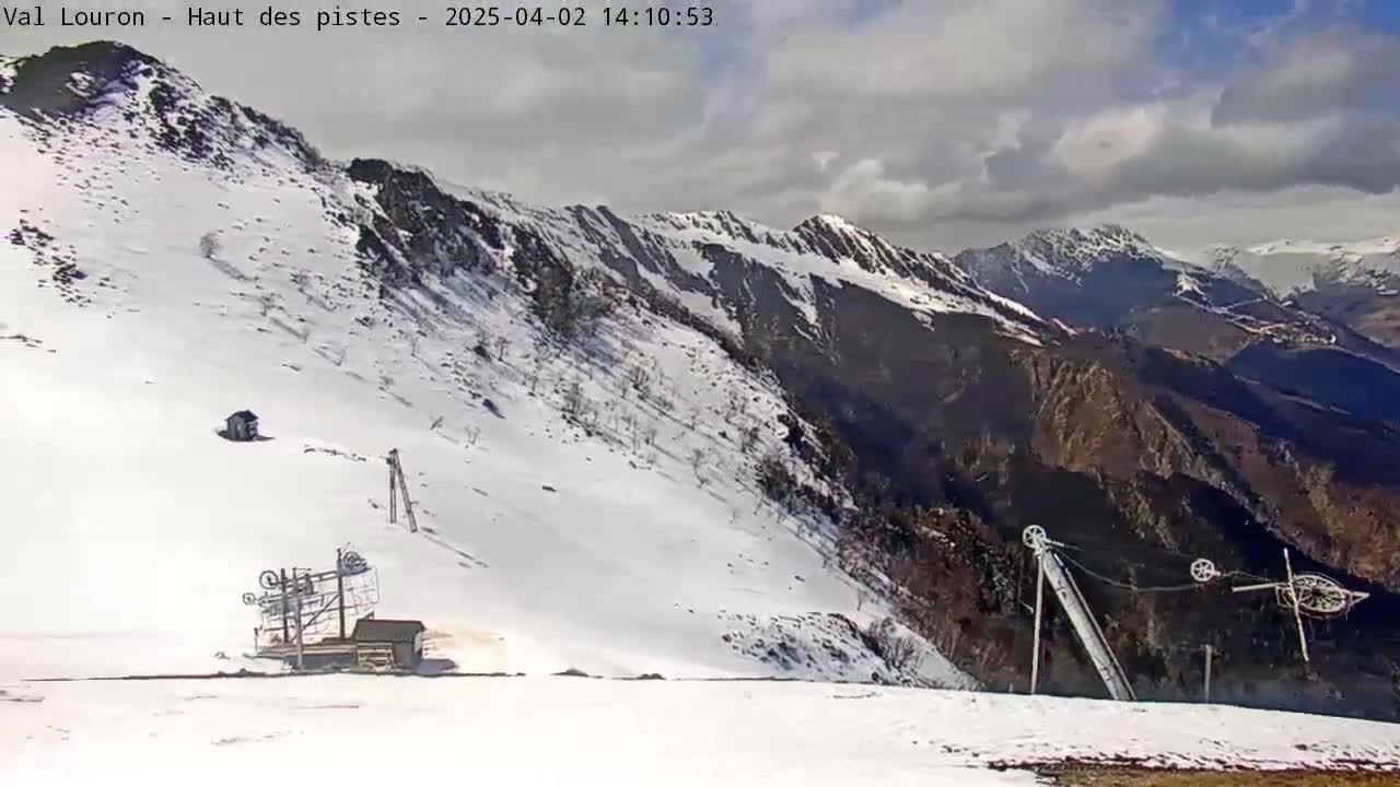 A snow-covered mountain slope with ski lift equipment is visible under a partly cloudy sky.