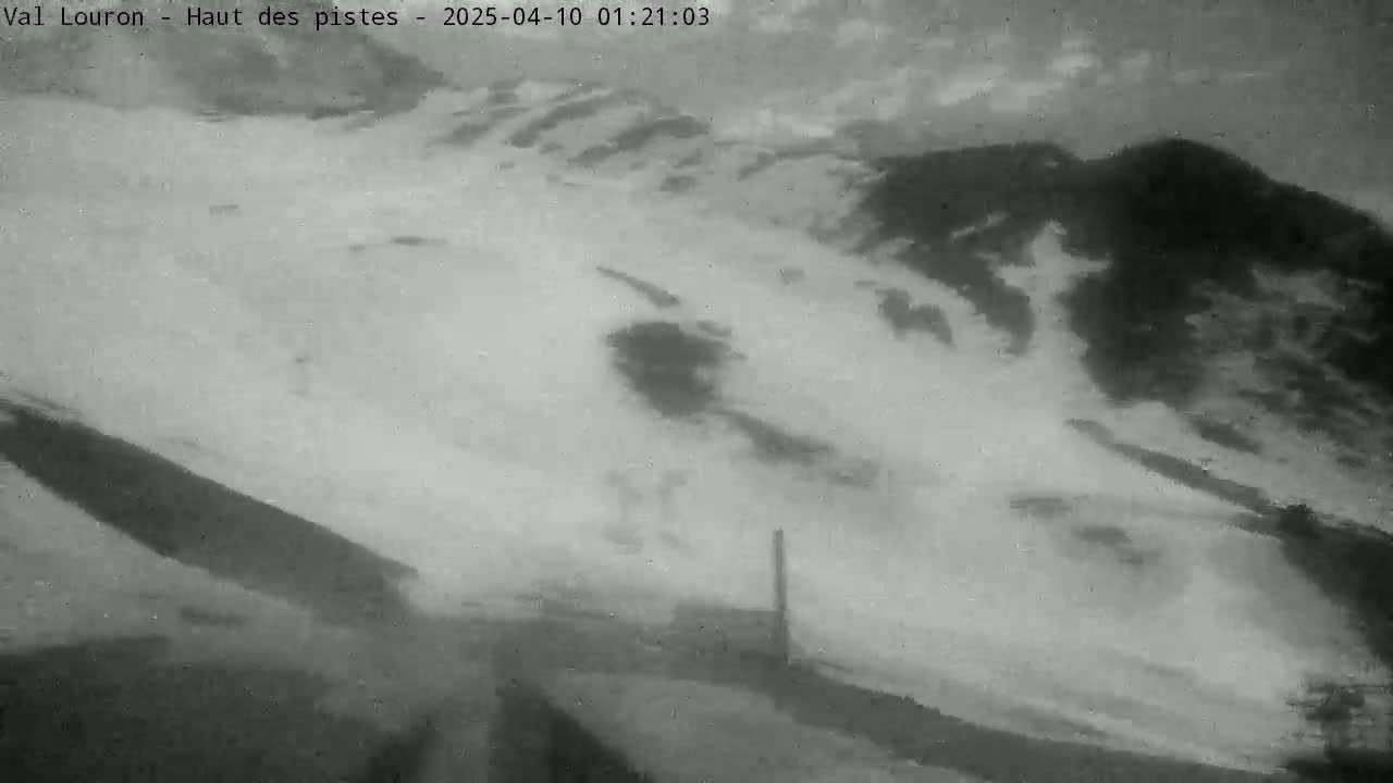 A snow-covered mountain landscape is shown, with blowing snow obscuring visibility.