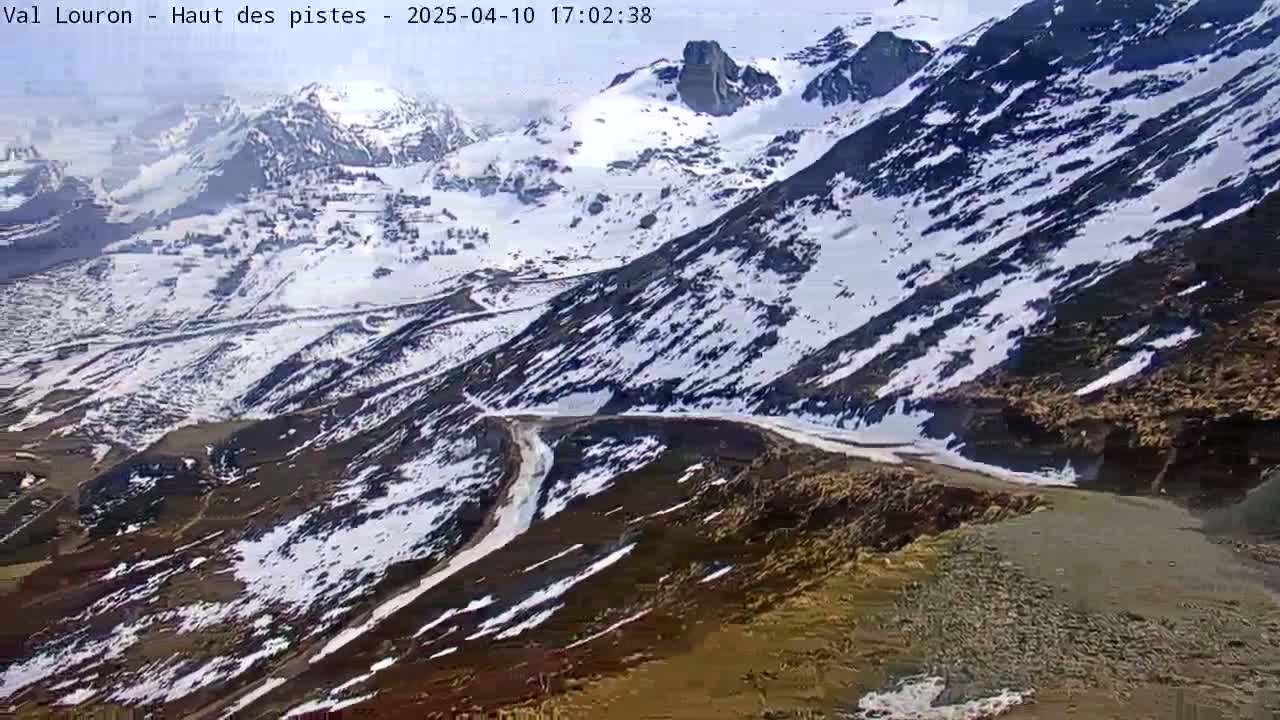 A winding road snakes through a snow-covered mountain landscape under a partly cloudy sky.