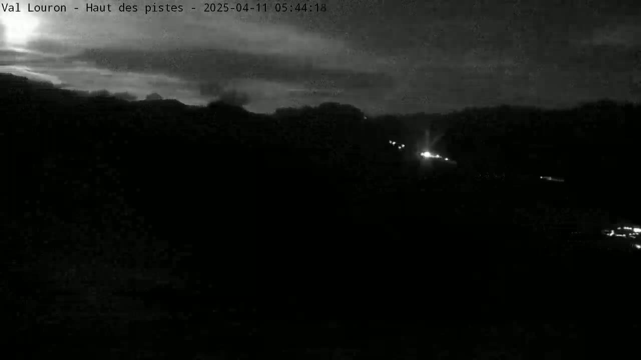 A nighttime, low-light view of a dark, hilly landscape with a few distant lights visible under a cloudy sky.