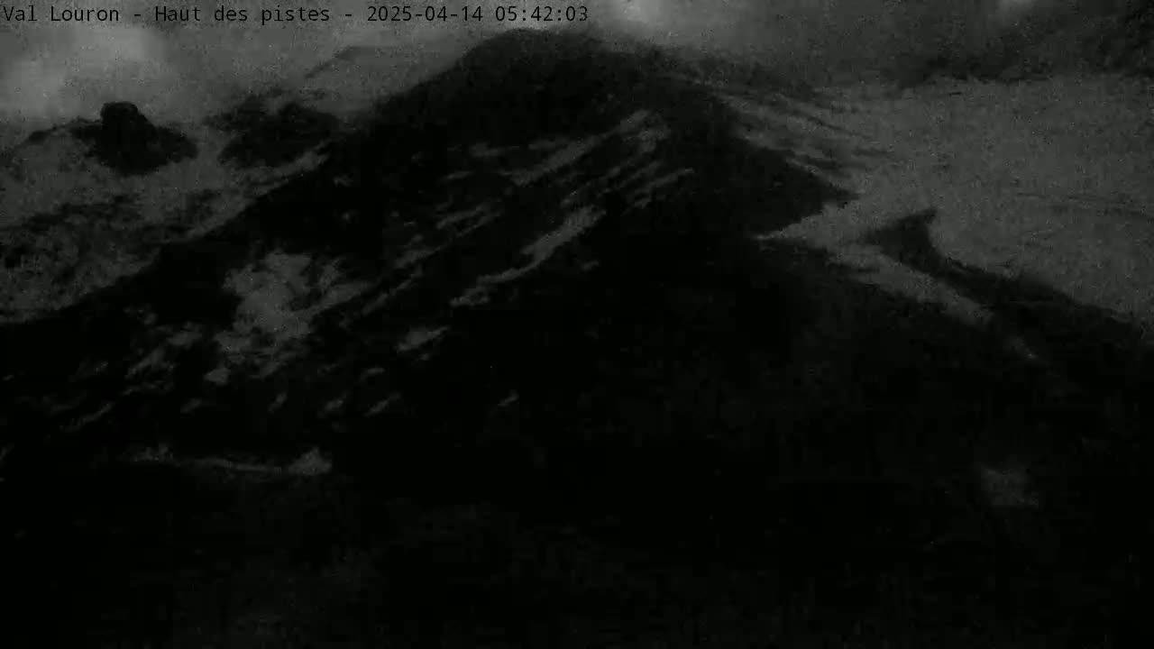 A dark, overcast mountaintop is visible, with some snow or ice faintly discernible in the dim light.