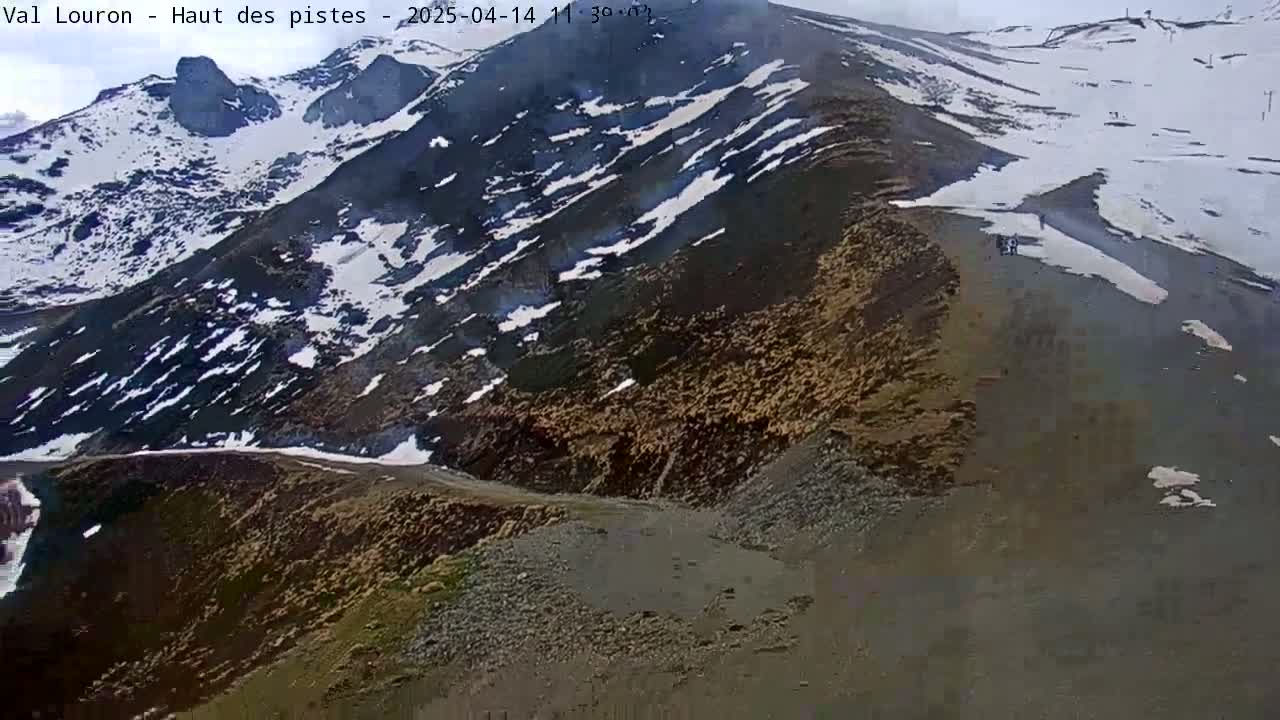 A high-angle view shows a snow-dusted mountainside with patches of brown vegetation and a few people near the top on a mostly cloudy day.