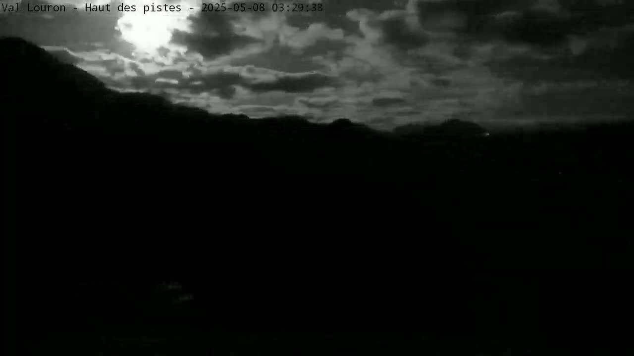 A nighttime, cloudy scene shows dark silhouetted hills or mountains under a mostly cloudy sky.