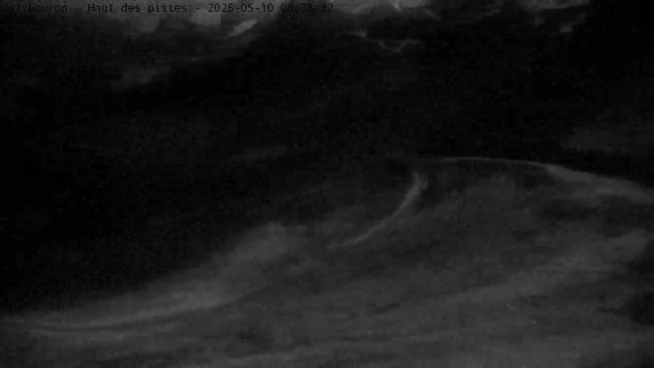 A dark, overcast night scene shows a hilly landscape with low-hanging clouds.