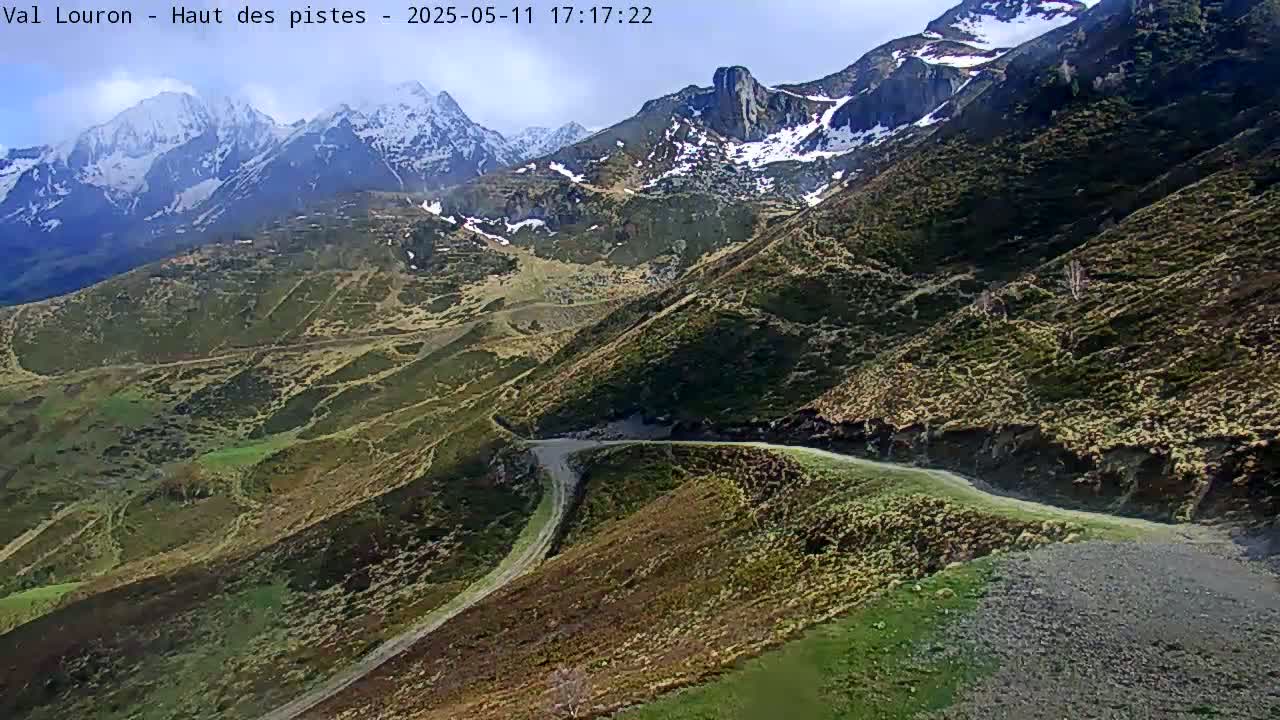 A winding mountain road snakes through a valley, with snow-capped mountains in the background under a partly cloudy sky.