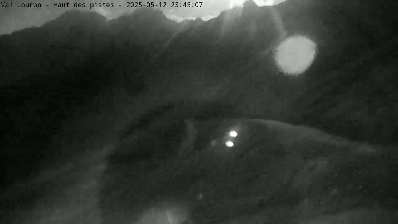 A nighttime, low-light image shows a dark, mountainous landscape with a bright light source in the upper right corner and two small lights near the bottom center.