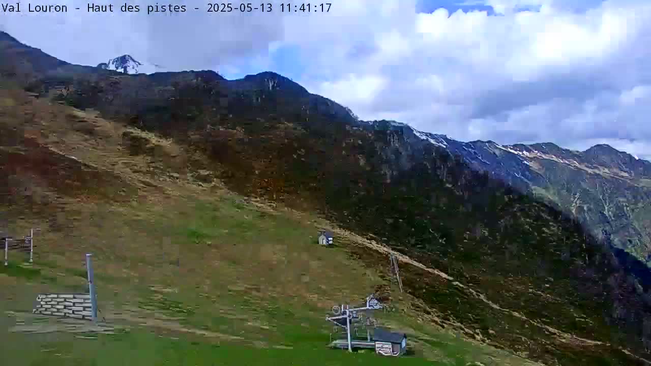 A partly cloudy day reveals a mountainous landscape with sparse vegetation and some snow on the distant peaks, showing a chairlift and small structures near the bottom of the slope.