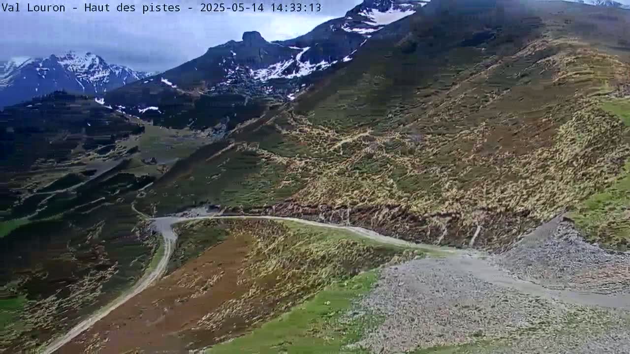 A winding mountain road curves through a landscape of brown and green hills, with snow-capped mountains in the background under a partly cloudy sky.