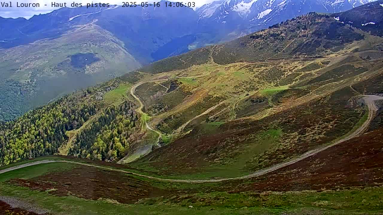 A high-angle view shows winding dirt roads across rolling green and brown hills, with snow-capped mountains in the background under a mostly clear sky.