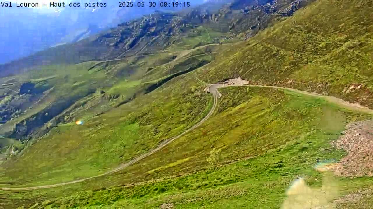 A winding dirt road meanders through a bright green mountainous landscape under a mostly clear sky.