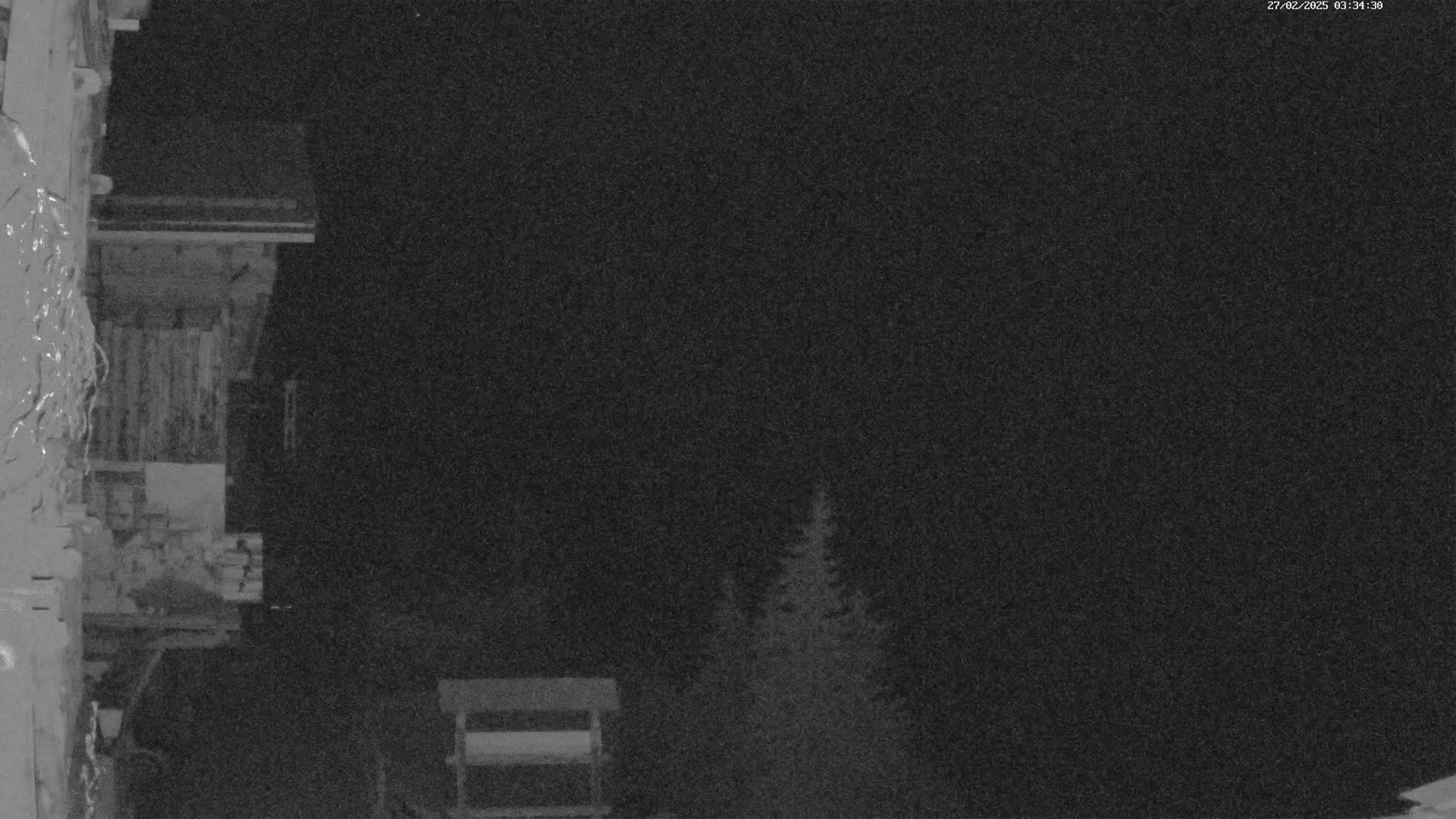 A nighttime, low-light image shows a section of a wooden building to the left, a small structure in the bottom right, and dark evergreen trees in the middle ground against a dark sky.
