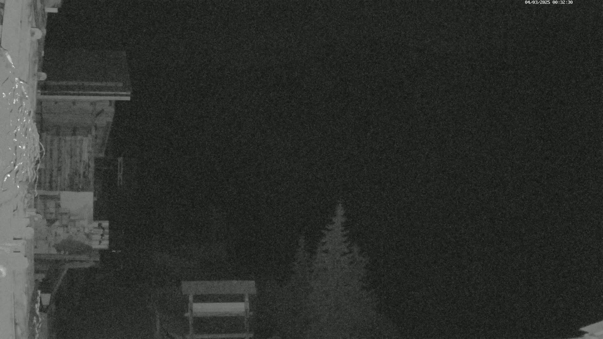 A nighttime, low-light image shows a wooden structure, possibly a building, with some trees in the background under a dark sky.