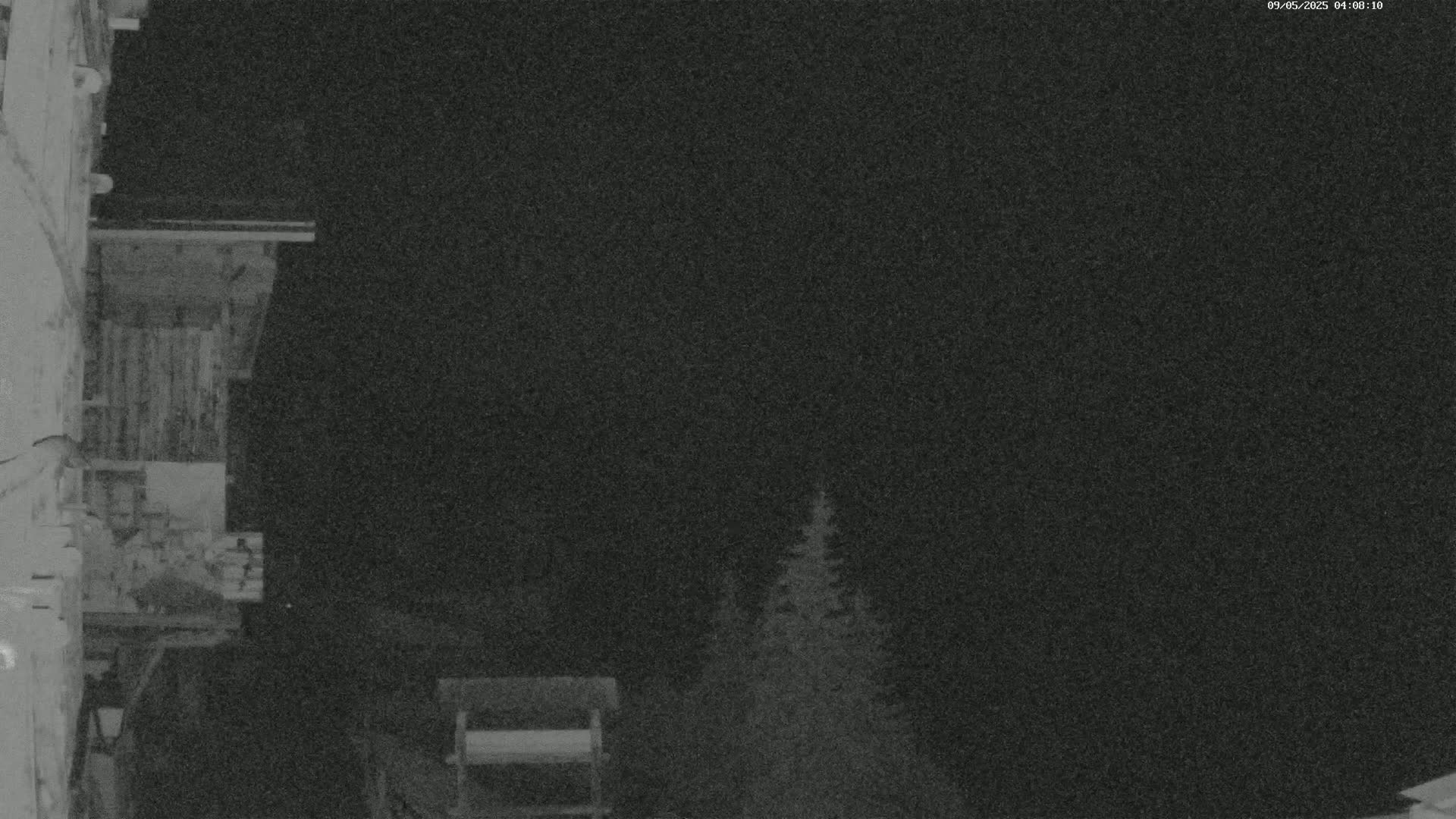 A nighttime, low-light view shows a building's exterior, part of a wooden balcony, and some evergreen trees in the background under a dark sky.