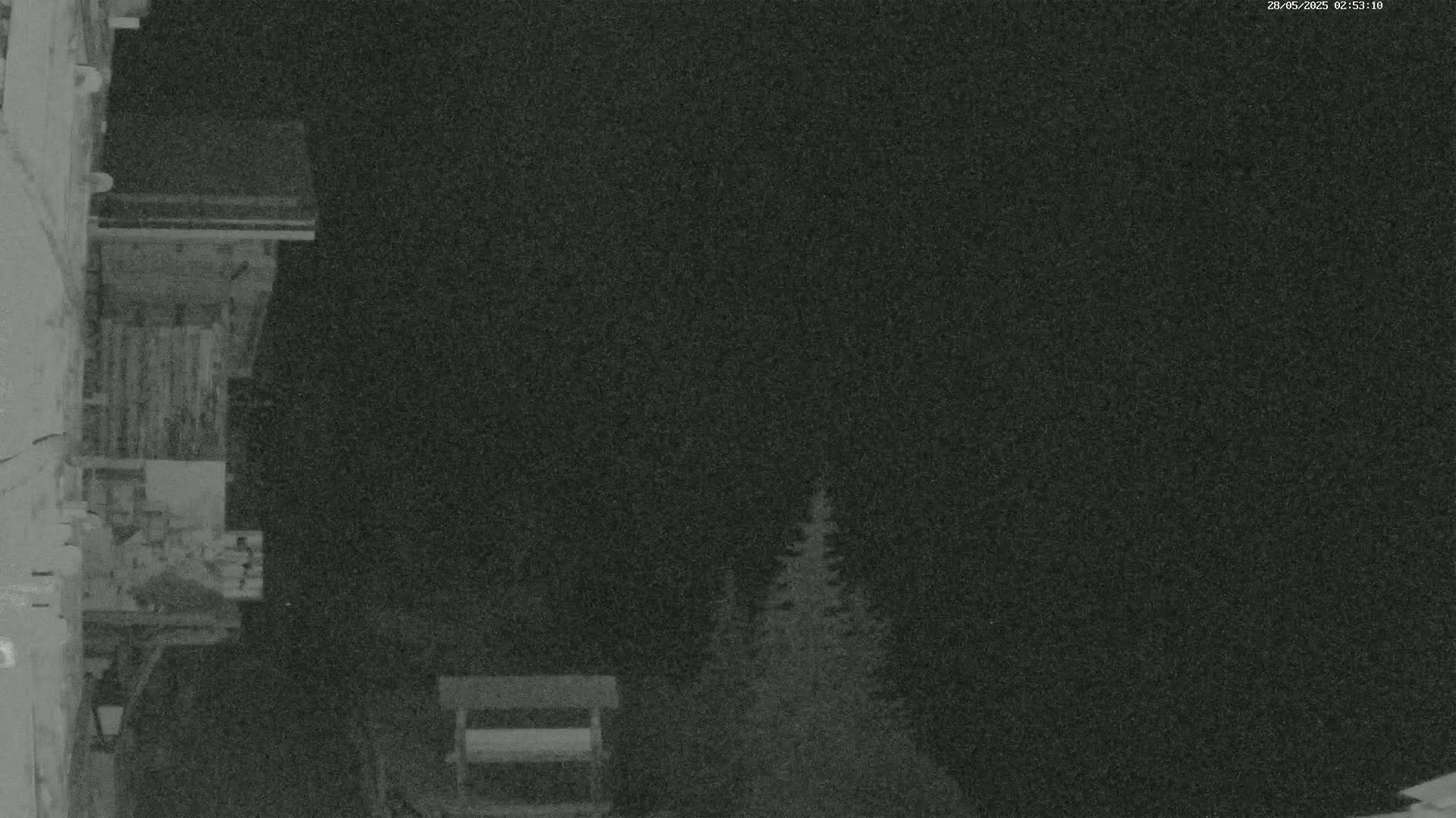 A nighttime, low-light image shows a section of a building with a balcony to the left and some dark evergreen trees on the right.