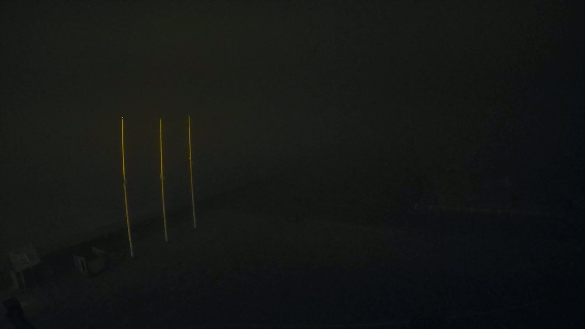Three tall, thin, yellow objects stand against a dark, possibly nighttime background.