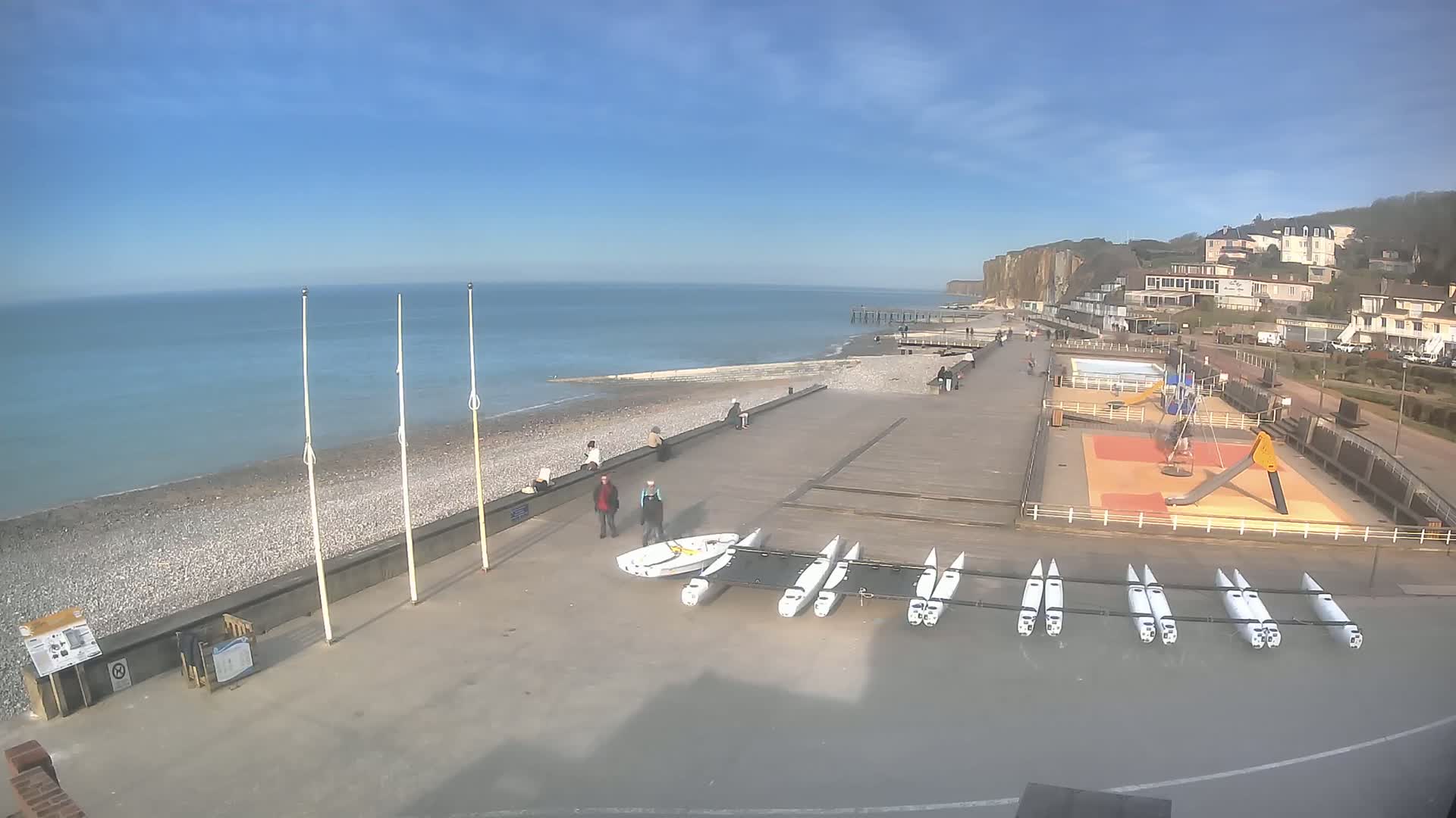 A sunny day at a pebble beach shows several people walking along a boardwalk near the water, with small sailboats stored nearby and a playground visible further inland, next to white buildings against a cliff face.
