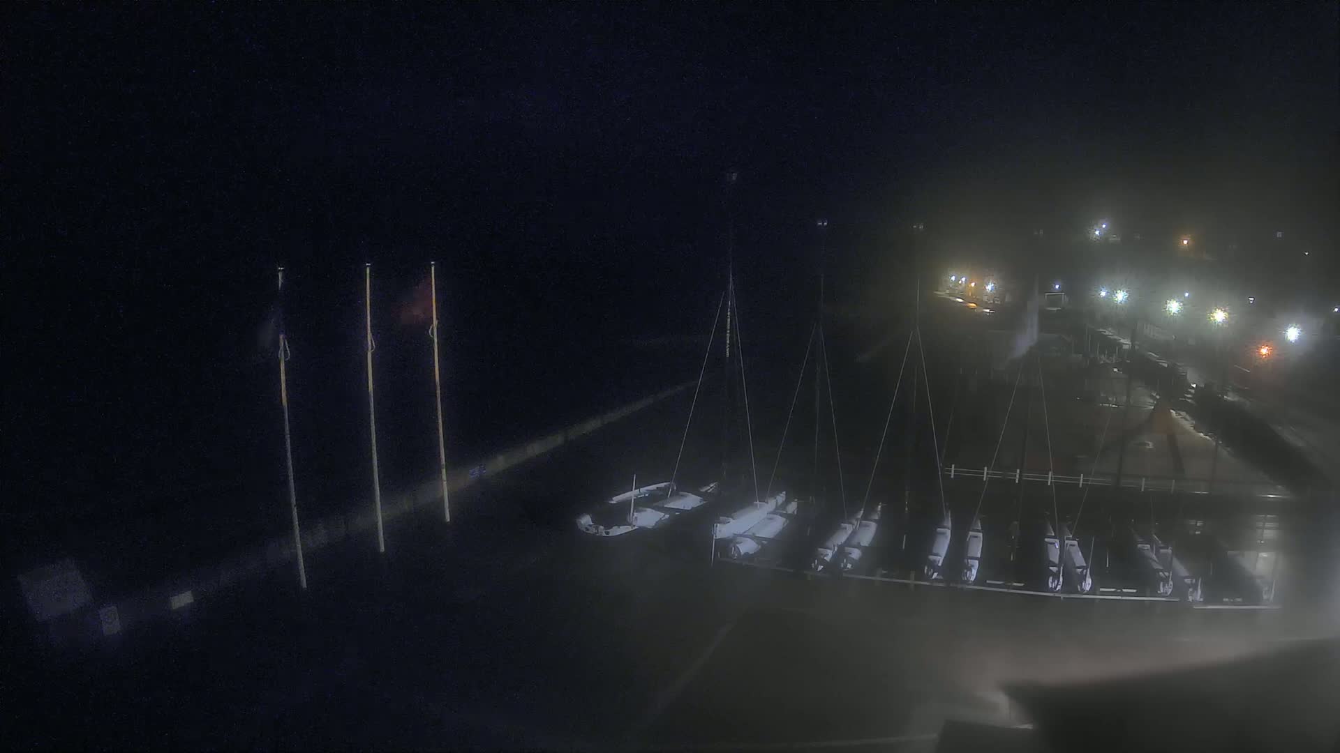 Several sailboats are docked at a marina at night in foggy conditions.