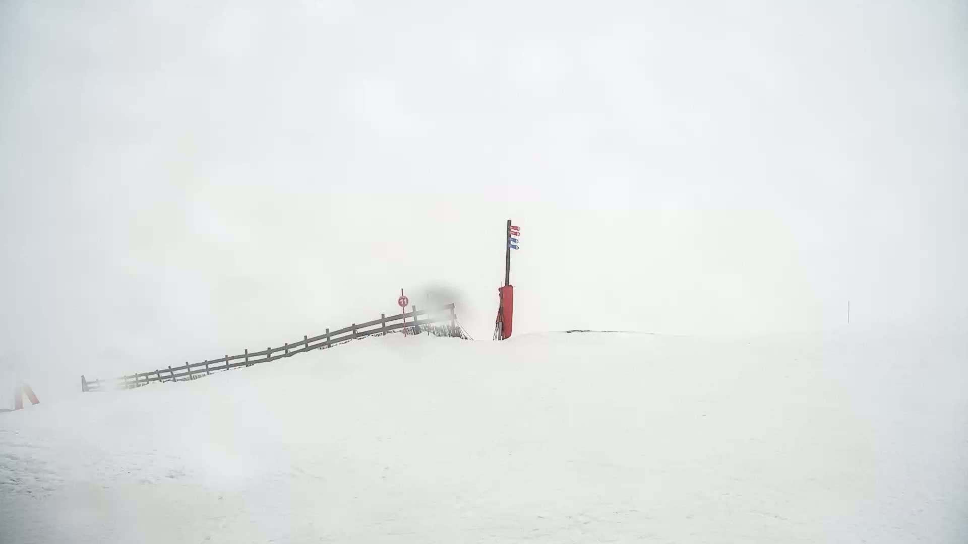 A snow-covered landscape with a wooden fence, a tall post with a red box, and blowing snow under a hazy, white sky.