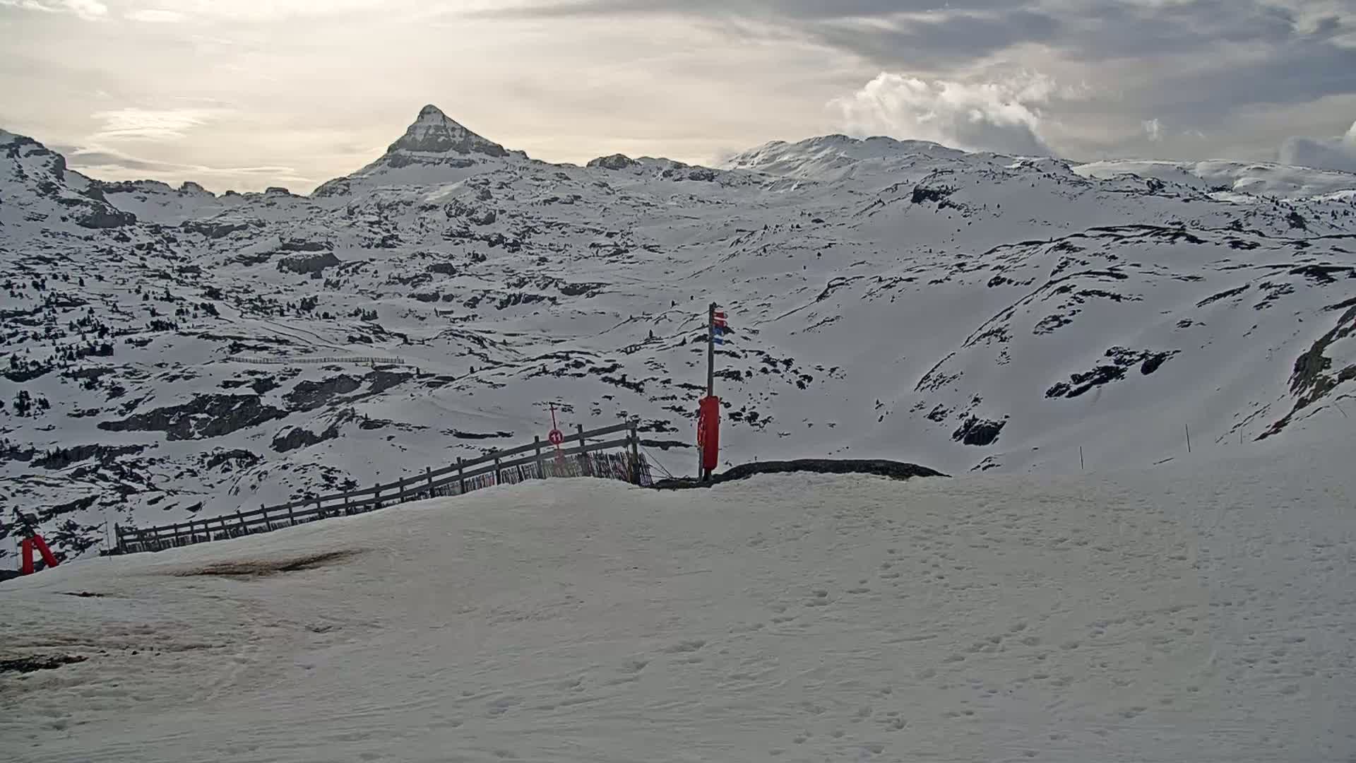 A snow-covered mountain range is visible under a cloudy sky, with a wooden fence and red markers in the foreground.