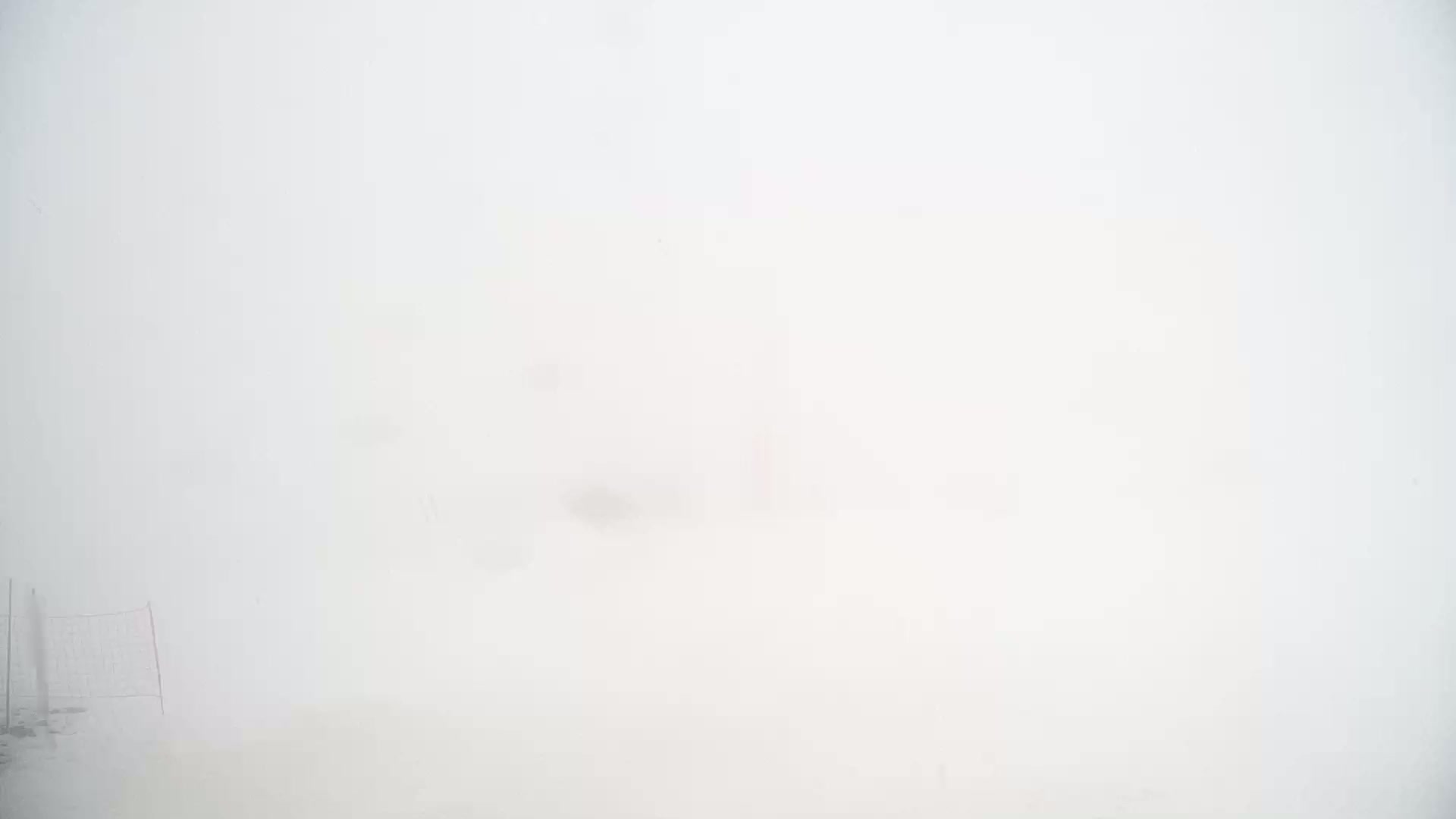 A snowy, foggy landscape is visible, with a faint outline of what appears to be a small fence or net in the bottom left corner.